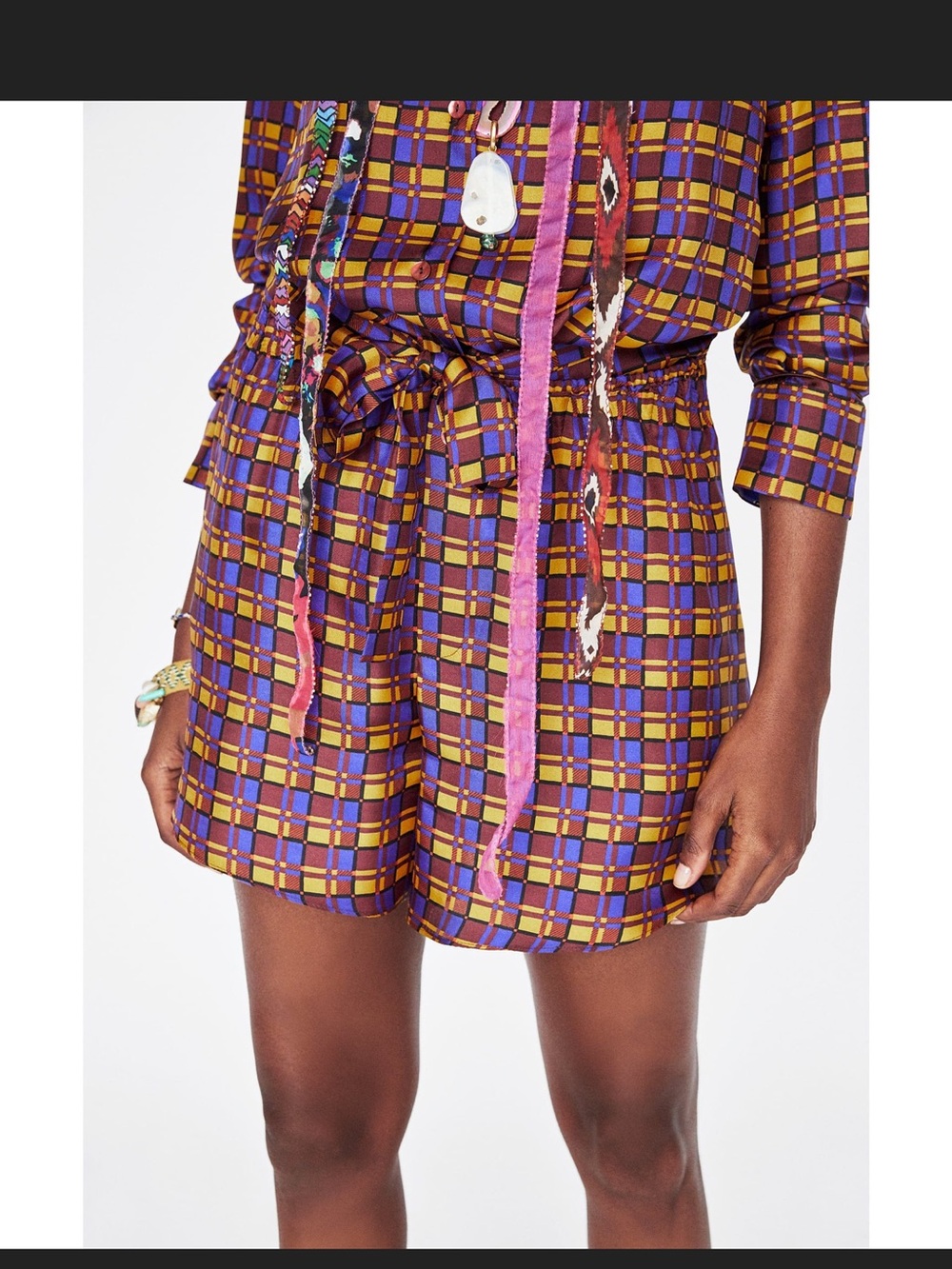 Zara Purple and Mustard Plaid Button-Down Shirt with Beaded Trim And Shorts